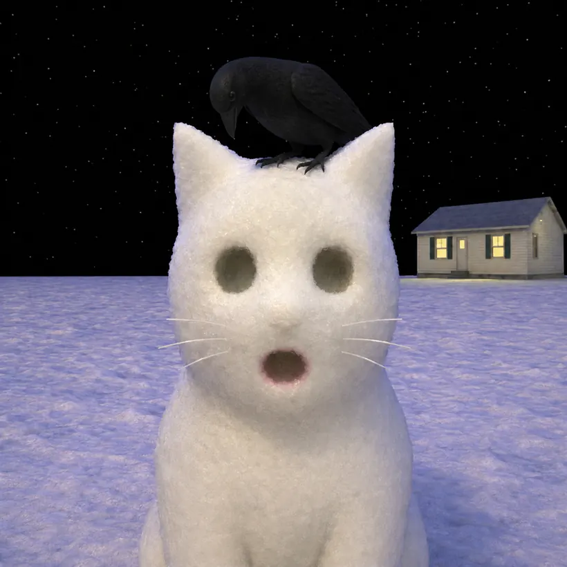 The snow cat alone in the yard at night